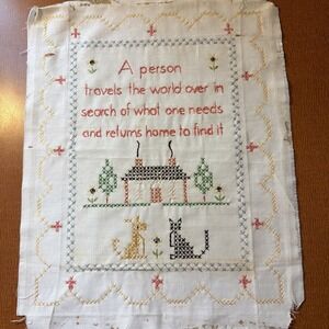VTG 1960 Motto Travel Home Cross Stitch Framed Dog Cat 12X14 Cottagecore Country